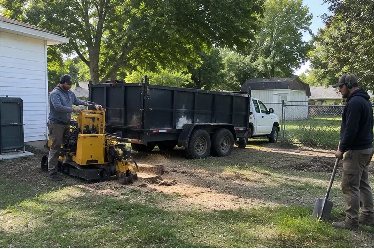 Two stump grinding crew members working beside a compact grinder and dump trailer